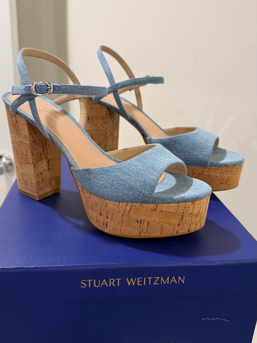 Stuart Weitzman Light Blue Denim Cork Platform Sandals